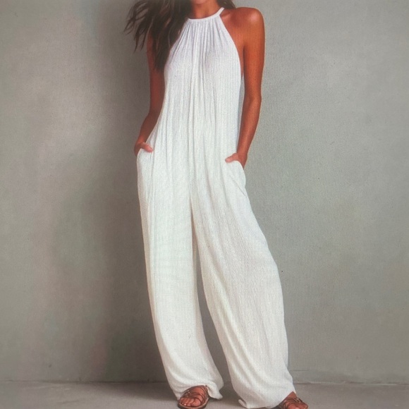 Pants - White Halter Neck Wide-Leg Jumpsuit